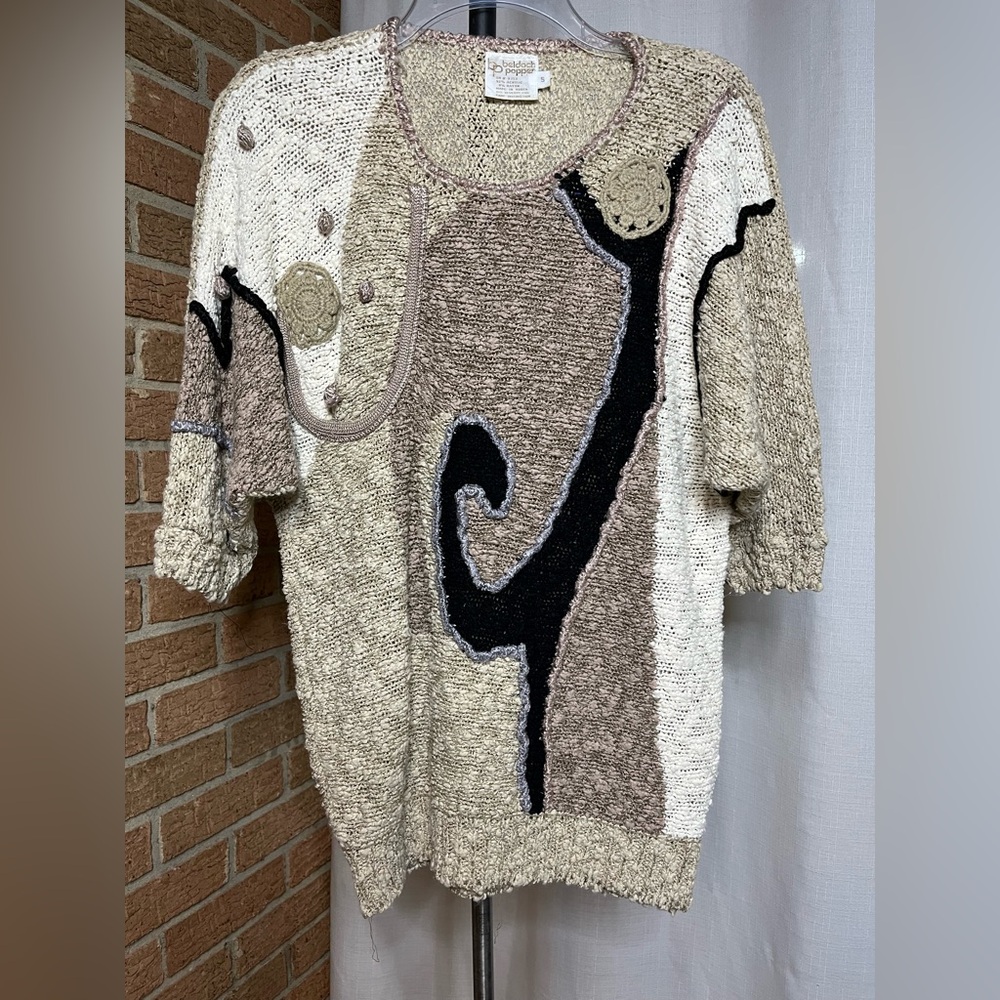 Vintage 80s Beldoch Popper Abstract Sweater Vest ShortSleeve Textured Art Knit S